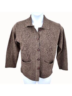 VTG T.C FASHION BRWN KNIT COLLARED CARDIGAN SWEATER EMBROIDERED DETAIL & POCKETS